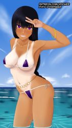 Rule 34 | 1girl, belt, bikini, black hair, braid, breasts, day, heart, heart-shaped pupils, highres, jewelry, large breasts, micro bikini, necklace, o-ring, o-ring belt, ocean, outdoors, patreon, standing, swimsuit, symbol-shaped pupils, tagme, tan, v, vocher, wading