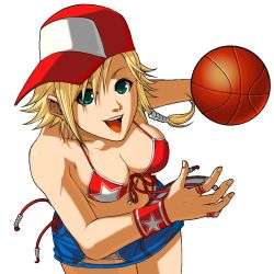 Rule 34 | 1girl, alice garnet nakata, ball, bare shoulders, basketball, basketball (object), bikini, bikini top only, blonde hair, braid, breasts, cleavage, front-tie top, green eyes, hat, large breasts, red bikini, smile, snk, solo, swimsuit, the king of fighters, the king of fighters xiv