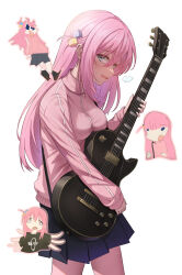 Rule 34 | 1girl, absurdres, black shirt, blue skirt, bocchi the rock!, cube hair ornament, electric guitar, gibson les paul, gotoh hitori, guitar, hair ornament, highres, holding, holding instrument, instrument, jacket, long hair, looking at viewer, oh kyoung hwan, one side up, pink hair, pink jacket, pink track suit, pleated skirt, shirt, simple background, skirt, solo, standing, track jacket, white background