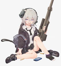Rule 34 | 1girl, :d, absurdres, ahoge, backpack, bag, black necktie, black skirt, bolt action, cheytac m200, collarbone, collared shirt, commentary request, full body, girls&#039; frontline, greentree, grey hair, gun, hair between eyes, headset, highres, jacket, korean commentary, legs, long hair, looking at viewer, loose necktie, m200 (girls&#039; frontline), messy hair, necktie, off shoulder, open clothes, open jacket, open mouth, pleated skirt, ponytail, purple eyes, rifle, shell casing, shirt, shoes, single shoe, sitting, skirt, smile, sniper rifle, socks, solo, torn clothes, torn footwear, torn necktie, torn skirt, weapon, white shirt