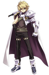 Rule 34 | 1boy, ar tonelico, ar tonelico i, armor, belt, blonde hair, boots, brown eyes, cape, cross edge, full body, gloves, gust, hand on own hip, hip focus, hirano katsuyuki, lyner barsett, male focus, official art, simple background, solo