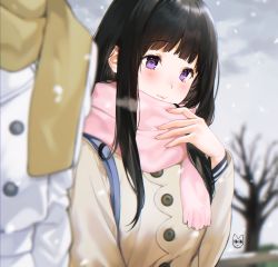Rule 34 | 1girl, 1other, alternate costume, artist logo, backpack, bag, bare tree, beige scarf, black hair, blunt bangs, blurry, blurry background, blurry foreground, blush, brown scarf, chitanda eru, closed mouth, commentary request, depth of field, hand up, highres, hyouka, long hair, long sleeves, mery (yangmalgage), purple eyes, scarf, school uniform, serafuku, solo focus, tree, upper body, winter clothes