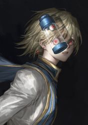 Rule 34 | 1boy, absurdres, black background, blue tabard, earrings, eyeball, floating clothes, floating hair, from side, highres, hunter x hunter, jewelry, kurapika, long sleeves, looking at viewer, looking to the side, male focus, one eye covered, parted lips, red eyes, shirt, short hair, simple background, solo, tabard, tube, upper body, white shirt, yangshu893