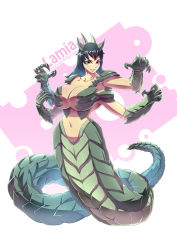 Rule 34 | 1girl, black hair, bokuman, breasts, claws, extra arms, female focus, lamia, large breasts, monster girl, navel, red eyes, tail