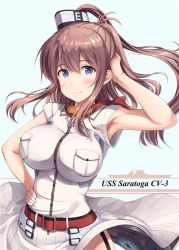 Rule 34 | 10s, 1girl, ahoge, armpits, belt, belt buckle, blouse, blue background, blue eyes, blush, breast pocket, breasts, brown hair, buckle, character name, clothes lift, dress, drum magazine, funnel, garter straps, hand in own hair, hand on own hip, ichikawa feesu, kantai collection, large breasts, long hair, looking at viewer, magazine (weapon), neckerchief, pocket, ponytail, red belt, red neckerchief, saratoga (kancolle), shirt, side ponytail, simple background, skirt, skirt lift, smile, smokestack, solo, white dress, white shirt, wind, wind lift
