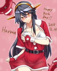 Rule 34 | 1girl, alternate costume, belt, black belt, black hair, breasts, brown eyes, dated, dress, enemy lifebuoy (kancolle), gloves, hair between eyes, hair ornament, hairclip, haruna (kancolle), headgear, highres, kantai collection, large breasts, long hair, looking at viewer, red dress, red gloves, santa costume, smile, solo, utsumi karmin