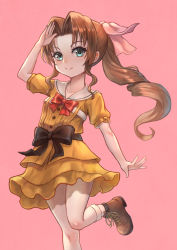 Rule 34 | 1girl, aerith gainsborough, arm up, boots, bow, brown footwear, brown hair, child, dress, final fantasy, final fantasy vii, hair bow, hair intakes, highres, leg up, long hair, orange dress, pink background, ponytail, ribbon, salute, simple background, smile, socks, solo, standing, standing on one leg, tsukizaki shizuka, white footwear, aged down