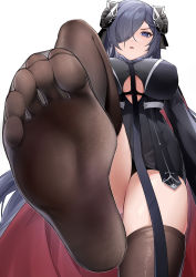 Rule 34 | 1girl, absurdres, august von parseval (azur lane), azur lane, black dress, black horns, breasts, brown thighhighs, chinese commentary, clothing cutout, curled horns, dress, feet, foot focus, from below, hair over one eye, highres, horns, large breasts, long hair, looking at viewer, looking down, mechanical horns, microdress, purple eyes, purple hair, simple background, soles, solo, thighhighs, underboob, underboob cutout, very long hair, vikki, white background, zettai ryouiki