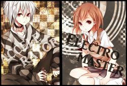 Rule 34 | 1boy, 1girl, accelerator (toaru majutsu no index), albino, bad id, bad pixiv id, cable, can, canned coffee, choker, drink can, hair ornament, hairpin, kouko, loose socks, misaka mikoto, red eyes, ryouka (nm0407), school uniform, shirt, skirt, socks, soda can, soft drink, striped clothes, striped shirt, sweater vest, toaru majutsu no index, uniform, white hair, wire