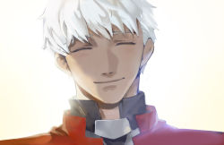 Rule 34 | 1boy, archer (fate), black shirt, blush, closed eyes, commentary request, dark-skinned male, dark skin, donkey fgo, facing viewer, fate/grand order, fate/stay night, fate (series), happy, jacket, korean commentary, male focus, portrait, red jacket, shirt, short hair, simple background, smile, solo, white background, white hair