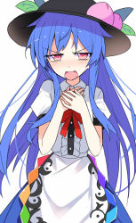 Rule 34 | 1girl, black hat, blue hair, blue skirt, blush, buttons, center frills, collared shirt, e.o., food, frills, fruit, hat, highres, hinanawi tenshi, long hair, open mouth, peach, puffy short sleeves, puffy sleeves, rainbow order, red eyes, shirt, short sleeves, simple background, skirt, solo, touhou, upper body, white background, white shirt