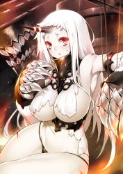 Rule 34 | 10s, 1girl, abyssal ship, albino, black panties, blush, breasts, claws, colored skin, detached sleeves, dress, fangs, fuya (tempupupu), horns, kantai collection, large breasts, long hair, long sleeves, panties, red eyes, seaport princess, silver hair, single horn, solo, torn clothes, torn dress, underboob, underbust, underwear, very long hair, white background, white dress, white skin, wide sleeves