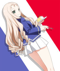 Rule 34 | 10s, 1girl, ass, bc freedom military uniform, blonde hair, blue jacket, cake, closed mouth, cowboy shot, drill hair, dutch angle, eyes visible through hair, flag background, food, fork, french flag, from behind, girls und panzer, green eyes, holding, jacket, long hair, long sleeves, looking at viewer, looking back, marie (girls und panzer), microskirt, pleated skirt, saucer, skirt, smile, solo, standing, umekichi, white skirt