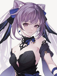 Rule 34 | 1girl, absurdres, bare shoulders, bow, breasts, closed mouth, commentary request, detached collar, dress, earrings, genshin impact, hair bow, hair ornament, highres, jewelry, keqing (genshin impact), keqing (opulent splendor) (genshin impact), kochi 4, lips, long hair, looking at viewer, medium breasts, purple eyes, purple hair, simple background, strapless, strapless dress