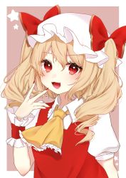 Rule 34 | 1girl, :d, absurdres, alternate hairstyle, ascot, bad id, bad pixiv id, blonde hair, blush, border, bow, brown background, commentary request, flandre scarlet, frilled ascot, frills, hair between eyes, hand up, hat, hat bow, highres, looking at viewer, mob cap, nail polish, open mouth, outside border, puffy short sleeves, puffy sleeves, red bow, red eyes, red nails, red vest, shinonome asu, shirt, short sleeves, simple background, smile, solo, star (symbol), touhou, twintails, upper body, vest, white border, white hat, white shirt, wing collar, wrist cuffs, yellow ascot