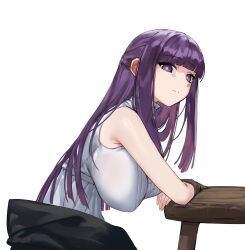 Rule 34 | 1girl, arm on table, bare shoulders, black cloak, blunt bangs, breasts, cloak, commentary, dress, fern (sousou no frieren), foolish potato, frown, hanging breasts, highres, large breasts, long hair, looking at viewer, purple eyes, purple hair, purple pupils, sidelocks, simple background, sleeveless, sleeveless dress, solo, sousou no frieren, straight hair, symbol-only commentary, table, white dress