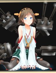 Rule 34 | 10s, 1girl, ame-rain, bare shoulders, black pantyhose, boots, brown hair, cannon, detached sleeves, flipped hair, hairband, headgear, hiei (kancolle), highres, japanese clothes, kantai collection, kneeling, nontraditional miko, pantyhose, plaid, ribbon-trimmed sleeves, ribbon trim, short hair, skirt, solo, thigh boots, thighhighs, turret