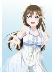 Rule 34 | 1girl, anata no risou no heroine, aqua bow, aqua eyes, arm garter, arm ribbon, artist name, artist request, bare shoulders, blue bow, blue eyes, blush, bow, bracelet, breasts, brown hair, cleavage, collarbone, cross-laced clothes, cross-laced dress, dress, dress bow, drop earrings, earrings, female focus, flower, flower bracelet, frilled dress, frills, hair between eyes, hair bow, hair ornament, hairclip, half updo, halter dress, halterneck, highres, jewelry, long hair, looking at viewer, love live!, love live! nijigasaki high school idol club, love live! school idol festival, miniskirt, nail, nail polish, necklace, osaka shizuku, parted lips, pearl bracelet, pearl hair ornament, pearl necklace, pink flower, pink nails, pink rose, plaid, plaid dress, plaid skirt, pleated, pleated dress, pleated skirt, ponytail, purple flower, purple rose, reaching, reaching towards viewer, ribbon, rose, short sleeves, skirt, small breasts, smile, solo, star (symbol), star hair ornament, striped clothes, striped dress, striped skirt, vertical-striped clothes, vertical-striped dress, vertical-striped skirt, white bow, white dress, white ribbon, white skirt, wrist ribbon