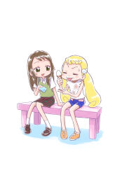Rule 34 | 2girls, absurdres, blonde hair, blue shorts, blush, brown footwear, closed eyes, collared shirt, commentary request, floral print, food, food on face, full body, green eyes, green vest, highres, holding, holding food, holding ice cream, ice cream, ice cream on face, ijuin sachiko, itou shin&#039;ichi, loafers, long hair, looking at another, makihatayama hana, multiple girls, ojamajo doremi, on bench, open mouth, orange footwear, plaid, plaid skirt, shirt, shoes, short bangs, short sleeves, shorts, simple background, sitting, skirt, smile, socks, sweatdrop, tissue, tongue, tongue out, twintails, vest, white background, white shirt, white socks, wing hair ornament