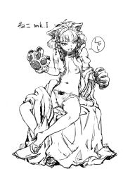 Rule 34 | 1girl, :d, animal ears, animal hands, blanket, breasts, carina (xiaowoo), cat ears, chain, collar, fake animal ears, female focus, gloves, greyscale, high heels, monochrome, navel, nipples, open mouth, original, panties, paw gloves, sandals, shoes, simple background, small breasts, smile, solo, toeless footwear, underwear