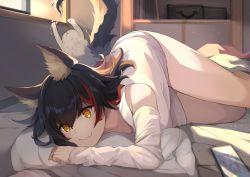 Rule 34 | 1girl, :3, animal ears, bare legs, bed, bed sheet, black hair, blanket, bottomless, breasts, cat, commentary request, hair between eyes, hololive, horse ears, horse girl, indoors, light particles, long hair, long sleeves, looking at viewer, medium breasts, multicolored hair, no panties, on bed, ookami mio, ookami mio (casual), phone, pillow, red hair, shirt, smile, solo, sora no tori, streaked hair, sunlight, taiga (ookami mio), tail, virtual youtuber, white shirt, window, wolf ears, wolf girl, wolf tail, yellow eyes