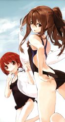 Rule 34 | 10s, 2girls, adjusting clothes, adjusting swimsuit, akai ringo, akai ringo (ookami-san), ass, back, brown eyes, brown hair, casual one-piece swimsuit, child, crease, flat chest, highres, holding hands, legs, long hair, looking back, multiple girls, official art, one-piece swimsuit, ookami-san, ookami ryouko, red eyes, red hair, scan, short hair, swimsuit, unaji