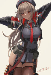 Rule 34 | 1girl, ammunition belt, arm pouch, arms up, belt, belt pouch, beret, black belt, black choker, black gloves, black hat, black jacket, black leotard, black shirt, breasts, brown hair, brown thighhighs, choker, collared shirt, commentary request, cowboy shot, cropped jacket, gloves, goddess of victory: nikke, hat, highres, jacket, leotard, long hair, long sleeves, looking at viewer, m.m (mmitsu 93), medium breasts, necktie, open clothes, open jacket, parted lips, pouch, rapi (nikke), red eyes, red gloves, red necktie, shirt, sidelocks, signature, simple background, skindentation, solo, standing, swept bangs, thighhighs, two-tone gloves, white background