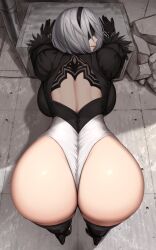 Rule 34 | 1girl, 2b (nier:automata), akitsuki karasu, arm support, ass, ass focus, back cutout, bent over, black blindfold, black gloves, black hairband, blindfold, breasts, clothing cutout, covered eyes, facing back, feather-trimmed sleeves, foreshortening, from above, from behind, full body, gloves, hairband, high heels, highleg, highleg leotard, highres, juliet sleeves, large breasts, leotard, long sleeves, looking at viewer, looking back, nier:automata, nier (series), profile, puffy sleeves, shadow, short hair, solo, standing, thighhighs, thong leotard, white hair