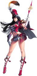 Rule 34 | 1girl, alternate costume, black hair, boots, breasts, cape, chaos online, cleavage, curvy, feathers, female focus, full body, gloves, green eyes, hat, high heel boots, high heels, highres, large breasts, long hair, love cacao, midriff, navel, obly, official art, parted lips, shako cap, skirt, solo, staff, standing, transparent background, white gloves, wide hips