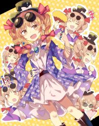 Rule 34 | !?, +++, 1girl, black hat, bow, dress, drill hair, earrings, eyewear on head, grin, hair bow, hand fan, hand on own hip, hand up, hat, hat bow, holding, jacket, jewelry, laughing, looking at viewer, multiple hair bows, multiple views, necklace, ojou-sama pose, open clothes, open jacket, open mouth, purple jacket, red bow, ring, short dress, smile, sunglasses, surprised, to-den (v-rinmiku), top hat, touhou, twin drills, white bow, white dress, yorigami jo&#039;on