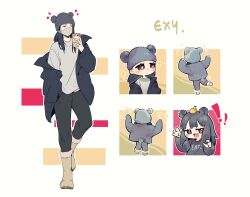 Rule 34 | !, !!, 1girl, absurdres, akechi (826988799), animal ear headwear, animal ears, animification, beanie, bear ears, black footwear, black hair, black jacket, black pants, boots, brown eyes, character name, chibi, chinese commentary, claw pose, exy (wjsn), fake animal ears, food, food on head, fruit on head, full body, grey headwear, grey shirt, hat, highres, holding, holding phone, jacket, k-pop, kemonomimi mode, long hair, multiple views, object on head, off shoulder, open mouth, pants, phone, real life, shirt, wjsn