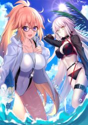 2girls :d absurdres ahoge bikini black_bikini blonde_hair blue_eyes blue_sky breasts choker cleavage collarbone fate/grand_order fate_(series) frown fuyuki_(neigedhiver) glasses grey_hair high_ponytail highleg highres innertube jacket jeanne_d&#039;arc_(fate) jeanne_d&#039;arc_(swimsuit_archer)_(fate) jeanne_d&#039;arc_(swimsuit_archer)_(second_ascension)_(fate) jeanne_d&#039;arc_alter_(fate) jeanne_d&#039;arc_alter_(swimsuit_berserker)_(fate) large_breasts long_hair long_sleeves looking_at_viewer multiple_girls o-ring o-ring_bikini one-piece_swimsuit open_mouth outdoors palm_tree ponytail shrug_(clothing) sky smile swim_ring swimsuit thigh_strap thighs tree very_long_hair wading whistle whistle_around_neck white_jacket white_one-piece_swimsuit yellow_eyes