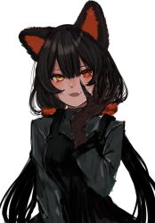 1girl akua9696 animal_ears animal_hands black_dress black_hair breasts brown_fur claws commentary_request dog_ears dog_girl double-parted_bangs dress eyelashes fangs grey_shirt hair_between_eyes hand_on_own_cheek hand_on_own_face hand_up heterochromia highres inui_toko long_bangs long_hair long_sleeves looking_at_viewer low_twintails medium_breasts nijisanji official_alternate_costume open_mouth page_of_lambda red_eyes red_scrunchie scrunchie shirt sleeveless sleeveless_dress solo teeth twintails upper_body upper_teeth_only very_long_hair virtual_youtuber white_background yellow_eyes