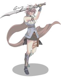 Rule 34 | 1girl, aqua eyes, arm belt, armband, belt, black gloves, boots, breasts, brown belt, cape, closed mouth, crazy02oekaki, fighting stance, final fantasy, final fantasy xiii, fingerless gloves, full body, gloves, grey skirt, gunblade, hair between eyes, highres, holding, holding weapon, lightning farron, medium breasts, medium hair, miniskirt, pink hair, red cape, signature, skirt, solo, standing, thigh strap, vest, wavy hair, weapon, white background, white vest