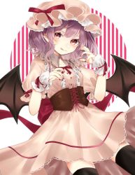 Rule 34 | 1girl, :q, adapted costume, bat wings, black thighhighs, blush, center frills, commentary, corset, cowboy shot, cross-laced clothes, dress, frilled sleeves, frills, hat, hat ribbon, head tilt, highres, jpeg artifacts, looking at viewer, medium hair, mob cap, nail polish, outline, pink dress, puffy short sleeves, puffy sleeves, purple hair, red eyes, red nails, red ribbon, remilia scarlet, ribbon, short sleeves, solo, striped, striped background, symbol-only commentary, thighhighs, tongue, tongue out, touhou, two-tone background, vertical stripes, white background, wing collar, wings, wrist cuffs, yedan999, zettai ryouiki