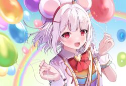 Rule 34 | 1girl, :d, animal ears, balloon, bow, collared shirt, commentary request, granblue fantasy, hands up, heart, holding, holding balloon, looking at viewer, mouse ears, omuretsu, open mouth, rainbow, red bow, red eyes, shirt, short sleeves, smile, solo, upper body, vikala (granblue fantasy), white hair, white shirt, wrist cuffs