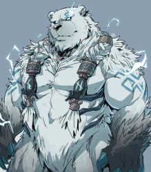 Rule 34 | 1boy, animal ears, bara, bear boy, bear ears, braid, bulge, chest hair, completely nude, cowboy shot, fluffy, furry, furry male, gamubear, glowing, glowing eye, highres, large pectorals, league of legends, lightning, long hair, looking at viewer, male focus, muscular, muscular male, nude, pectorals, simple background, solo, stomach, twin braids, volibear, white fur