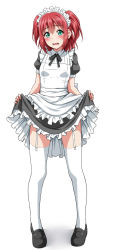 Rule 34 | 10s, 1girl, alternate costume, apron, black footwear, black ribbon, blush, clothes lift, commentary request, dress, dress lift, embarrassed, enmaided, frilled apron, frills, full body, garter straps, green eyes, highres, kurosawa ruby, looking at viewer, love live!, love live! sunshine!!, maid, maid apron, maid day, maid headdress, neck ribbon, open mouth, petticoat, pigeon-toed, red hair, ribbon, shoes, short sleeves, solo, standing, thighhighs, two side up, white background, white thighhighs, yopparai oni
