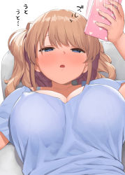 Rule 34 | 1girl, :o, blue eyes, blush, breasts, brown hair, cellphone, cleavage, commentary request, drooling, holding, holding phone, kaisen chuui, large breasts, lying, motion lines, on back, open mouth, original, parted bangs, phone, short hair, solo, twintails