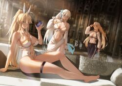 Rule 34 | 3girls, absurdres, animal ears, artoria caster (fate), artoria caster (swimsuit) (fate), artoria caster (swimsuit) (first ascension) (fate), artoria pendragon (all), artoria pendragon (fate), artoria pendragon (swimsuit ruler) (fate), artoria pendragon (swimsuit ruler) (second ascension) (fate), bare shoulders, barefoot, black pants, blonde hair, blush, breasts, cleavage, closed mouth, collarbone, commentary, detached sleeves, dress, english commentary, fake animal ears, fate/grand order, fate (series), feet, freed turing, full body, green eyes, hair ornament, hand up, hat, highres, indoors, large breasts, leotard, long hair, long sleeves, morgan le fay (fate), morgan le fay (water princess) (fate), multiple girls, navel, pants, playboy bunny, ponytail, rabbit ears, sitting, smile, thigh strap, thighs, toes, white dress, white headwear, white leotard