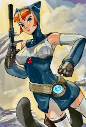 Rule 34 | 1girl, animal ears, animal hood, blue eyes, breasts, breath of fire, breath of fire v, cat ears, cat hood, dated, gloves, gun, highres, holding, holding gun, holding weapon, hood, lin (breath of fire), looking at viewer, medium breasts, open mouth, orange hair, short hair, solo, tail, thighhighs, tombiiwa, weapon