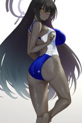Rule 34 | 1girl, absurdres, ass, bare legs, bare shoulders, black hair, black leotard, blue archive, breasts, competition swimsuit, curvy, dark-skinned female, dark skin, dripping, expressionless, highleg, highleg swimsuit, highres, karin (blue archive), large breasts, leotard, long hair, looking at viewer, one-piece swimsuit, shiny clothes, shiny skin, simple background, swimsuit, taiyou-n, thighhighs, very long hair, wet, wide hips, yellow eyes