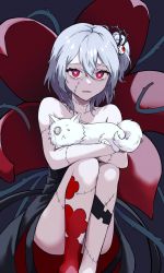 Rule 34 | 1girl, alchemy stars, cat, heart, heart-shaped pupils, highres, may (alchemy stars), monocle, plant, red eyes, stiches, symbol-shaped pupils, vines, white hair