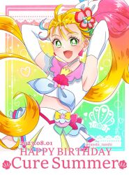 Rule 34 | 1girl, blonde hair, blue background, choker, cure summer, earrings, eyelash ornament, flower, gloves, green background, green eyes, hair flower, hair ornament, heart, heart in eye, jewelry, long hair, looking at viewer, magical girl, midriff, multicolored background, multicolored hair, natsuumi manatsu, open mouth, pink background, pink hair, pink sailor collar, precure, sailor collar, shell, smile, symbol in eye, tanshi tanshi, triangle earrings, tropical-rouge! precure, very long hair, white background, white choker, white gloves, yellow background