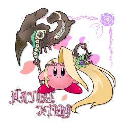 Rule 34 | blonde hair, cosplay, crossover, flower, kid icarus, kid icarus uprising, kirby, kirby (series), lowres, makiko ohmoto, nintendo, pink theme, simple background, staff, viridi, voice actor connection