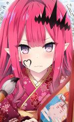 Rule 34 | 1girl, blush, calligraphy brush, commentary request, eyes visible through hair, face, baobhan sith (fate), fate/grand order, fate (series), hagoita, hair between eyes, hair ornament, hanetsuki, highres, japanese clothes, kimono, looking at viewer, paddle, paintbrush, pink hair, pointy ears, purple eyes, rioshi, solo