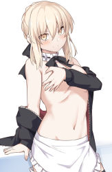Rule 34 | 1girl, apron, artoria pendragon (all), artoria pendragon (alter swimsuit rider) (fate), artoria pendragon (alter swimsuit rider) (second ascension) (fate), artoria pendragon (fate), black jacket, blonde hair, breasts, commentary request, fate/stay night, fate (series), hair between eyes, jacket, long sleeves, looking at viewer, maid, medium breasts, navel, ribbon, saber alter, shiseki hirame, short hair, simple background, solo, standing, white apron, white background, yellow eyes