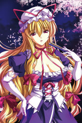 Rule 34 | 1girl, anime coloring, blonde hair, bow, breasts, cherry blossoms, choker, cleavage, elbow gloves, hand fan, gloves, hair bow, hat, hat ribbon, highres, large breasts, long hair, petals, red eyes, ribbon, ribbon choker, solo, touhou, very long hair, white gloves, yakumo yukari, zixia (msl)
