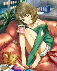 Rule 34 | 10s, 1girl, ;), artist request, barefoot, belt boots, boots, unworn boots, cellphone, coffee, couch, cup, disposable cup, feet, feet on chair, green eyes, green hair, head tilt, heterochromia, highres, holding, holding cup, idolmaster, idolmaster cinderella girls, jewelry, legs, matching hair/eyes, mole, mole under eye, necklace, no legwear, official art, one eye closed, phone, resized, shoes, unworn shoes, short hair, sleeves past wrists, smartphone, smile, solo, takagaki kaede, upscaled, waifu2x