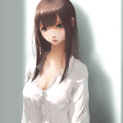 Rule 34 | 1girl, against wall, breasts, brown hair, cleavage, commentary, eyelashes, grey eyes, large breasts, lips, long hair, looking at viewer, original, shirt, solo, unbuttoned, unbuttoned shirt, upper body, vafar7